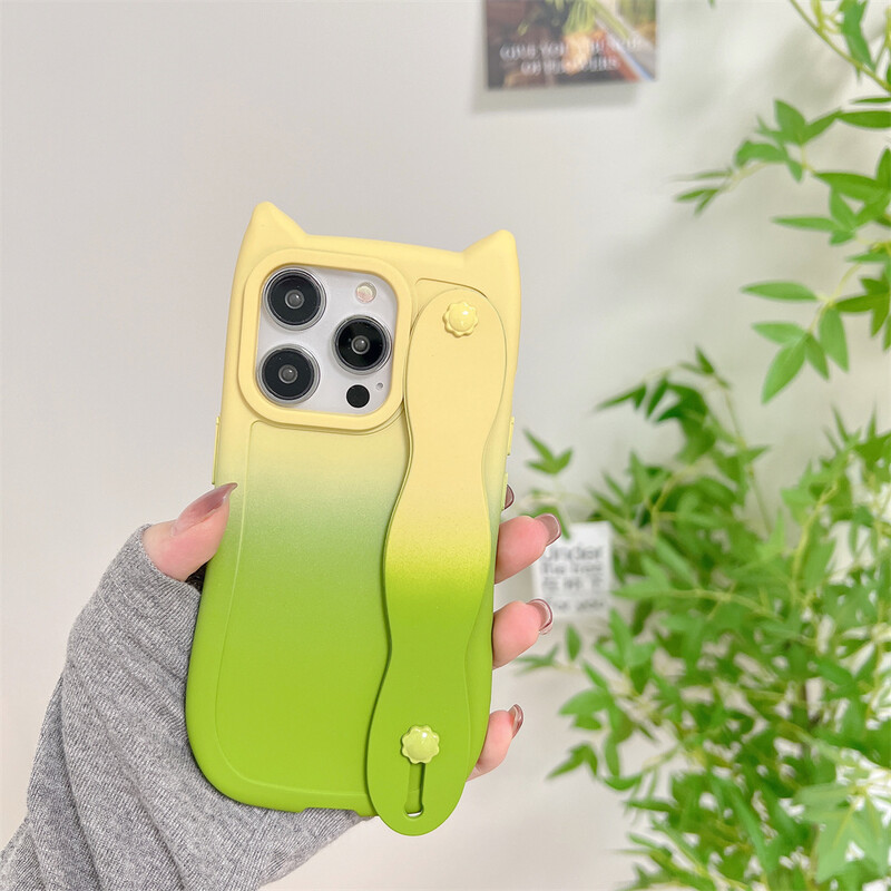 Калъф за телефон с каишка за китка за iPhone 15 14 Plus 13 12 11 Pro Max XR X XS Анимационен градиент Котешки уши Мек TPU защитен заден капак