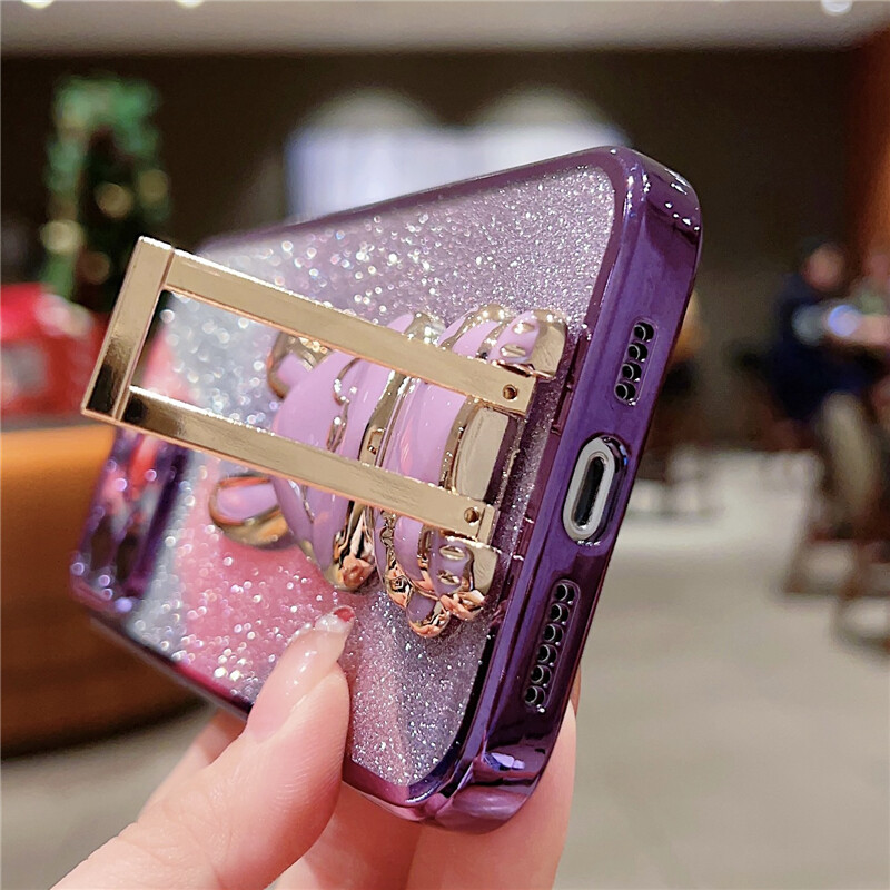 Луксозен лъскав калъф за телефон с държач за заек за iPhone 11 12 13 14 15 16 Pro Max X XR Мек удароустойчив на 7 8 Plus капак на стойката