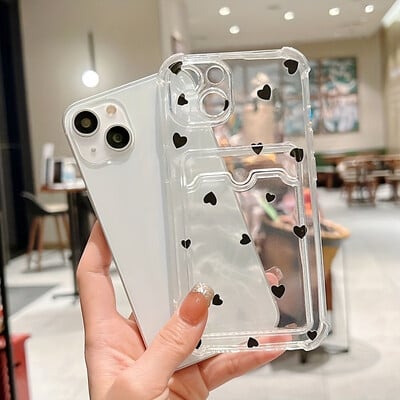 Θήκη για iPhone 16 15 14 13 12 11 Pro Max Μαύρο Λευκό Love Heart Clear Phone Case για iPhone XS X 7 8 Plus Θήκη για κάρτα πορτοφολιού