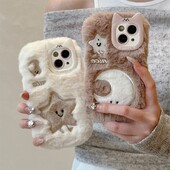 Мек плюшен сладък калъф за телефон със звездна луна за iPhone 14 15 16 Plus 13 Pro Max 11 12 Пухкава топла зимна кожена кожух