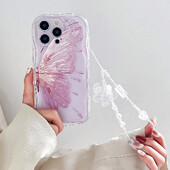 Θήκη τηλεφώνου Butterfly Lanyard για iPhone 15 14 13 12 11 Pro Max 6 7 8 Plus XS Max XR Bead Bracelet Strap Κάλυμμα αλυσίδας καρπού