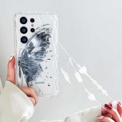 Θήκη τηλεφώνου Butterfly Lanyard για iPhone 15 14 13 12 11 Pro Max 6 7 8 Plus XS Max XR Bead Bracelet Strap Κάλυμμα αλυσίδας καρπού