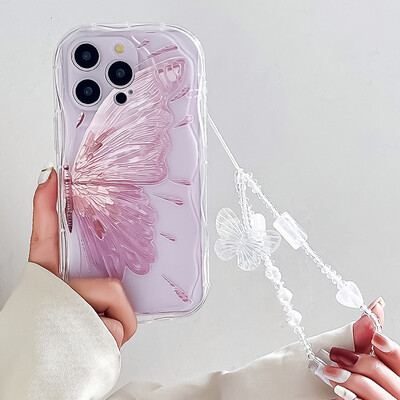 Θήκη τηλεφώνου Butterfly Lanyard για iPhone 15 14 13 12 11 Pro Max 6 7 8 Plus XS Max XR Bead Bracelet Strap Κάλυμμα αλυσίδας καρπού