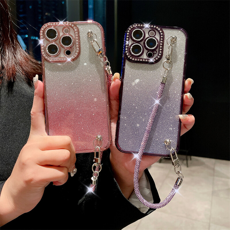 Za iPhone 16 Pro Max luksuzna dijamantna okvirna maska s lancem za telefon za iPhone 11 12 13 14 15 Plus zaštitna maska za objektiv