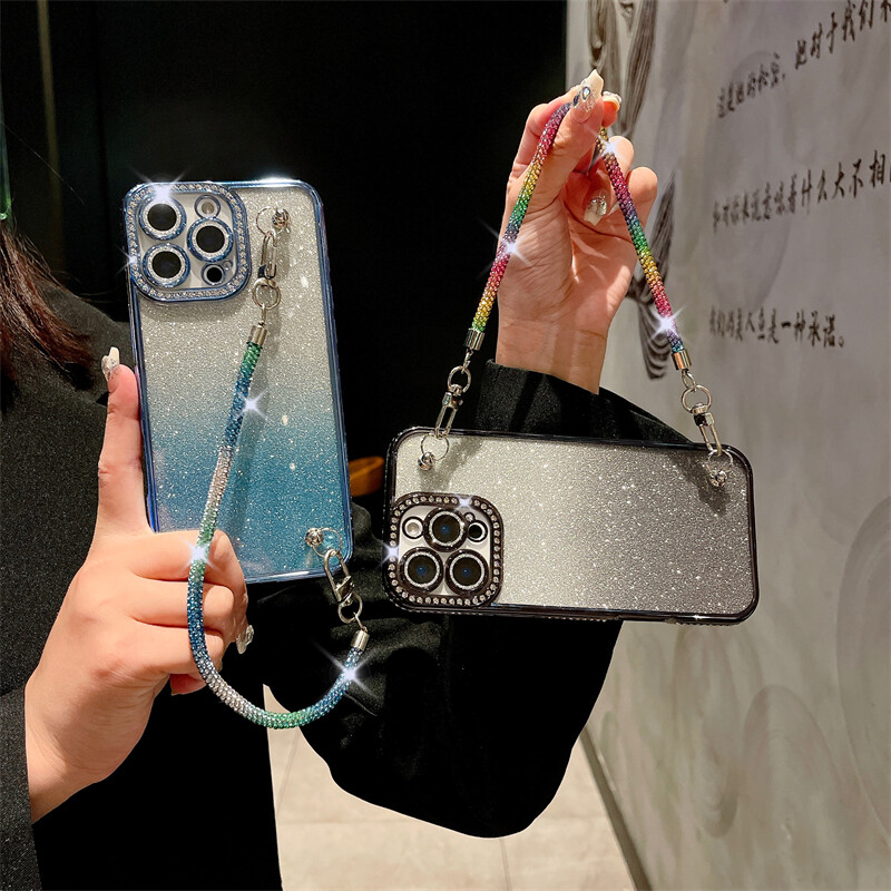 Za iPhone 16 Pro Max luksuzna dijamantna okvirna maska s lancem za telefon za iPhone 11 12 13 14 15 Plus zaštitna maska za objektiv