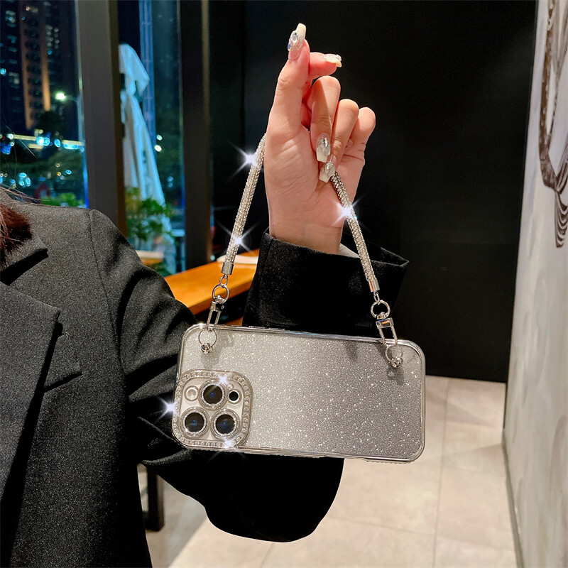 Za iPhone 16 Pro Max luksuzna dijamantna okvirna maska s lancem za telefon za iPhone 11 12 13 14 15 Plus zaštitna maska za objektiv