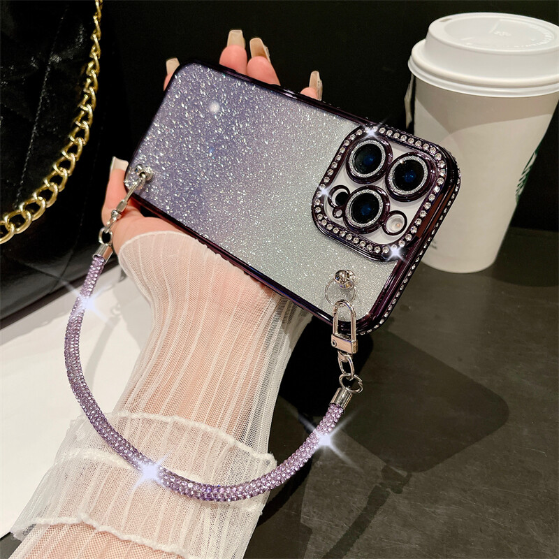 Za iPhone 16 Pro Max luksuzna dijamantna okvirna maska s lancem za telefon za iPhone 11 12 13 14 15 Plus zaštitna maska za objektiv