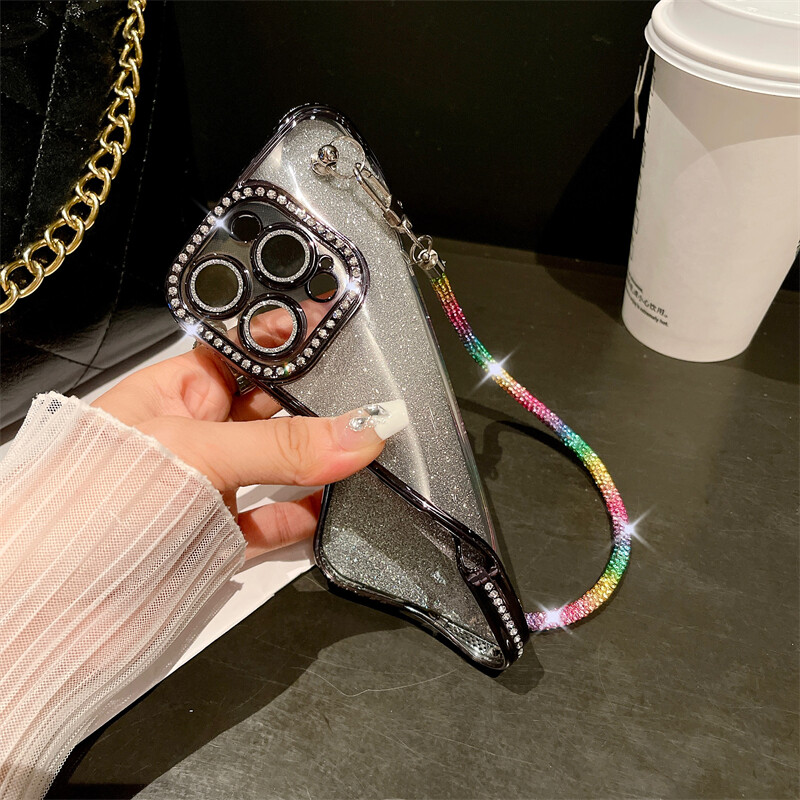 Za iPhone 16 Pro Max luksuzna dijamantna okvirna maska s lancem za telefon za iPhone 11 12 13 14 15 Plus zaštitna maska za objektiv