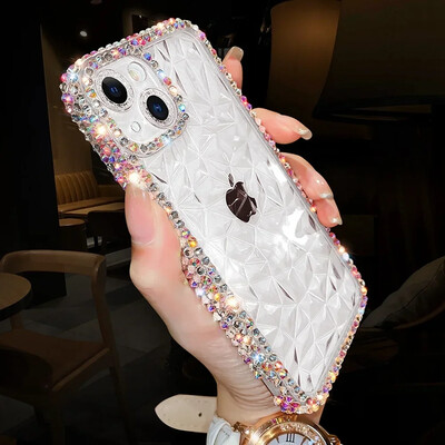 Луксозен калъф с диамантен блясък за iPhone 13 12 11 14 15 16 Pro Max X Xr Xs 8 7 16 Plus Bling прозрачен удароустойчив мек TPU капак