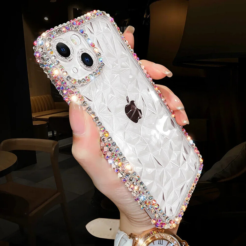 Луксозен калъф с диамантен блясък за iPhone 13 12 11 14 15 16 Pro Max X Xr Xs 8 7 16 Plus Bling прозрачен удароустойчив мек TPU капак