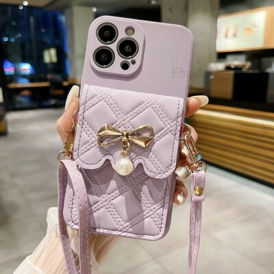 Husă drăguță din piele pentru geantă portofel pentru iPhone 16 14 13 Pro Max 11 12 15 Pro X XS 7 8 Plus husă din silicon cu cureau pentru șnur