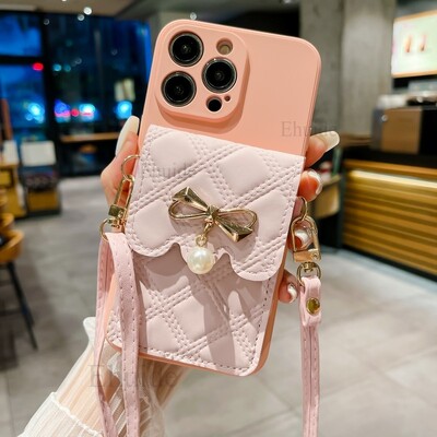 Husă drăguță din piele pentru geantă portofel pentru iPhone 16 14 13 Pro Max 11 12 15 Pro X XS 7 8 Plus husă din silicon cu cureau pentru șnur