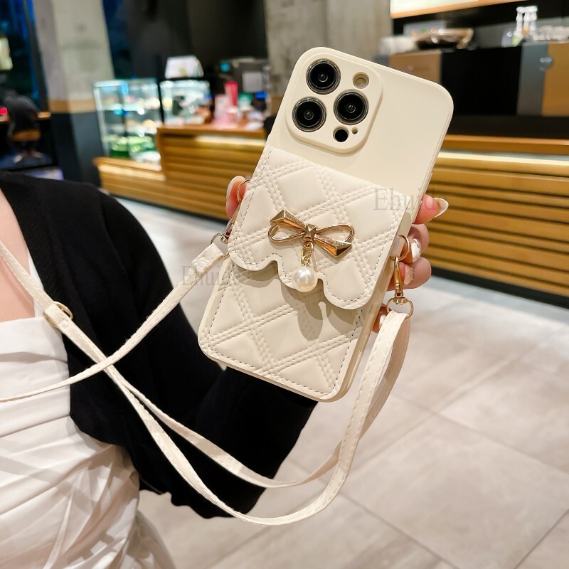 Husă drăguță din piele pentru geantă portofel pentru iPhone 16 14 13 Pro Max 11 12 15 Pro X XS 7 8 Plus husă din silicon cu cureau pentru șnur