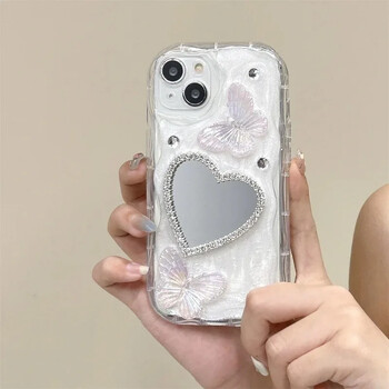 Diamond Bling Glitter Butterfly 3D калъф за телефон за iPhone 14 13 12 11 15 16 Pro Max X XR XS Силиконово огледало за грим със сърце