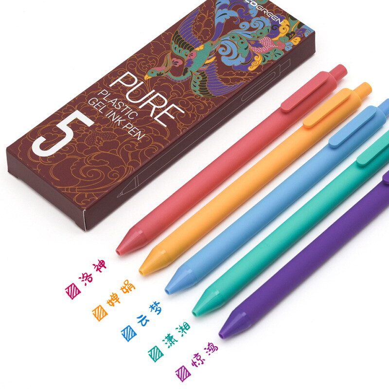 Kaco 5 bucăți pixuri cu cerneală gel din plastic pur Set de pixuri multicolore cu design retro pentru desen KACOGREEN Papetarie Office School