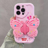 Pink Butterfly 3D Bracket telefono dėklas, skirtas iPhone 15 14 Plus 13 12 11 Pro Max XS X XR 8 7 6 SE 2022 2020 Silikoninis banguoto krašto dangtelis