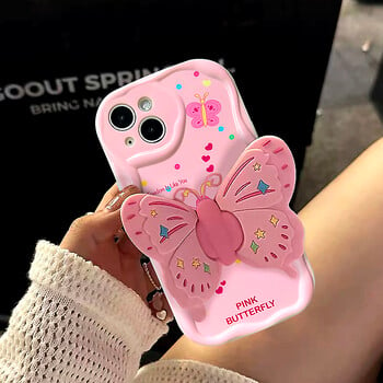 Θήκη τηλεφώνου Pink Butterfly 3D Bracket για iPhone 15 14 Plus 13 12 11 Pro Max XS X XR 8 7 6 SE 2022 2020 Silicone Wavy Edge Cover