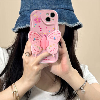 Θήκη τηλεφώνου Pink Butterfly 3D Bracket για iPhone 15 14 Plus 13 12 11 Pro Max XS X XR 8 7 6 SE 2022 2020 Silicone Wavy Edge Cover