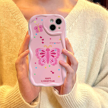 Θήκη τηλεφώνου Pink Butterfly 3D Bracket για iPhone 15 14 Plus 13 12 11 Pro Max XS X XR 8 7 6 SE 2022 2020 Silicone Wavy Edge Cover