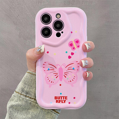 Pink Butterfly 3D Bracket telefono dėklas, skirtas iPhone 15 14 Plus 13 12 11 Pro Max XS X XR 8 7 6 SE 2022 2020 Silikoninis banguoto krašto dangtelis