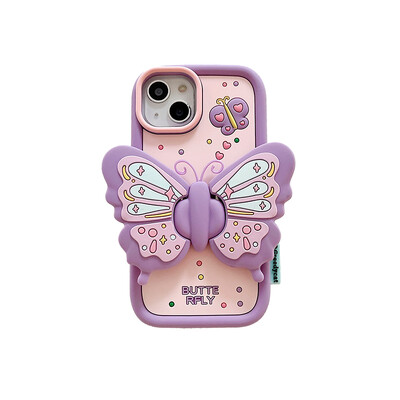 Ins Fashion Lovely Purple Butterfly Holder Stand Mekana silikonska torbica za iPhone 15 14 13 11 12 16 Pro Max