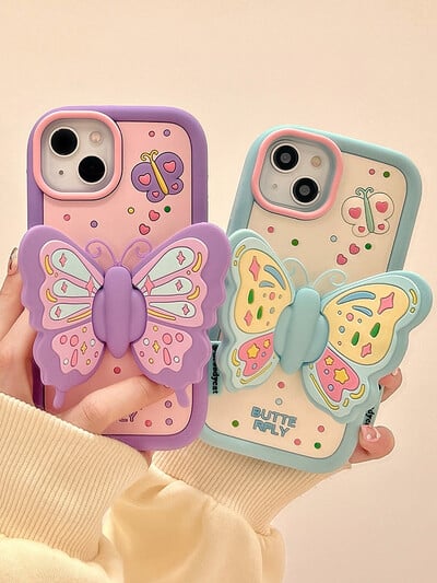 Ins Fashion Lovely Purple Butterfly Holder Stand Μαλακή θήκη σιλικόνης για iPhone 15 14 13 11 12 16 Pro Max