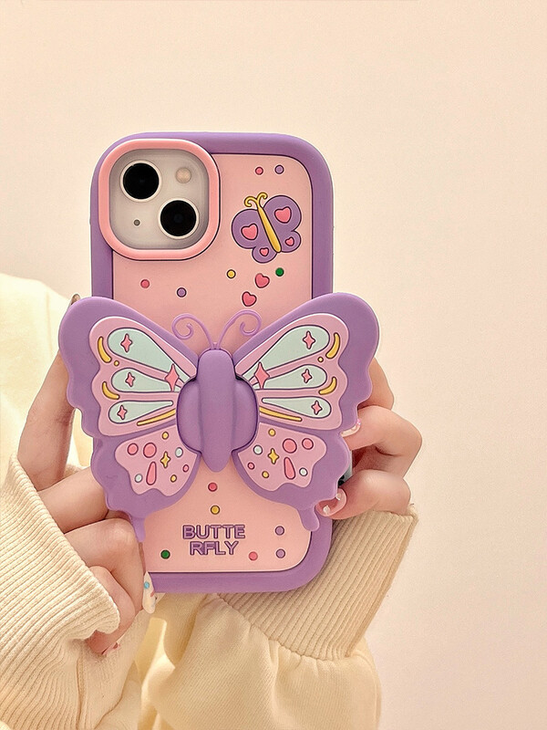 Ins Fashion Lovely Purple Butterfly Holder Stand Mekana silikonska torbica za iPhone 15 14 13 11 12 16 Pro Max