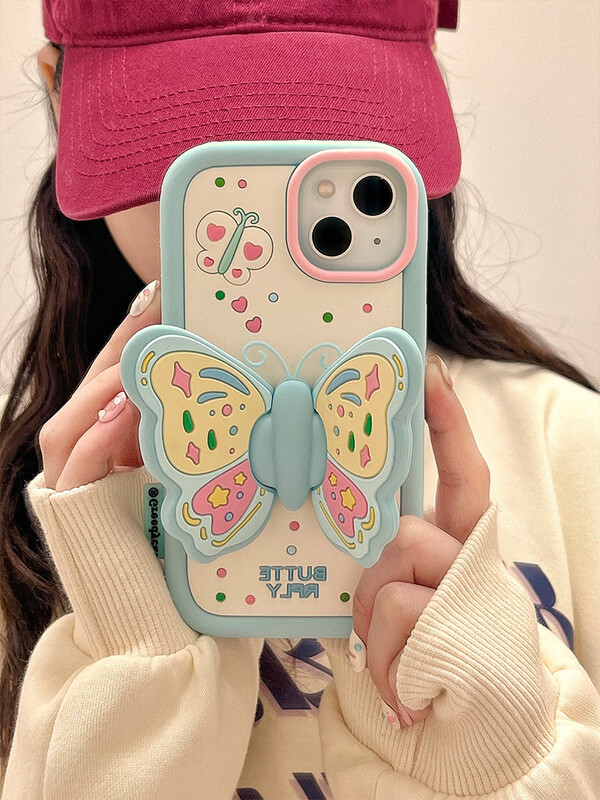 Ins Fashion Lovely Purple Butterfly Holder Stand Mekana silikonska torbica za iPhone 15 14 13 11 12 16 Pro Max