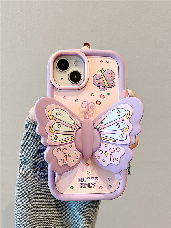 Ins Fashion Lovely Purple Butterfly Holder Stand Mekana silikonska torbica za iPhone 15 14 13 11 12 16 Pro Max