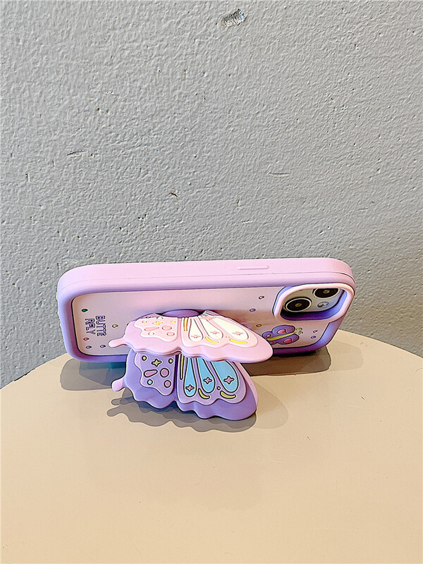 Ins Fashion Lovely Purple Butterfly Holder Stand Mekana silikonska torbica za iPhone 15 14 13 11 12 16 Pro Max