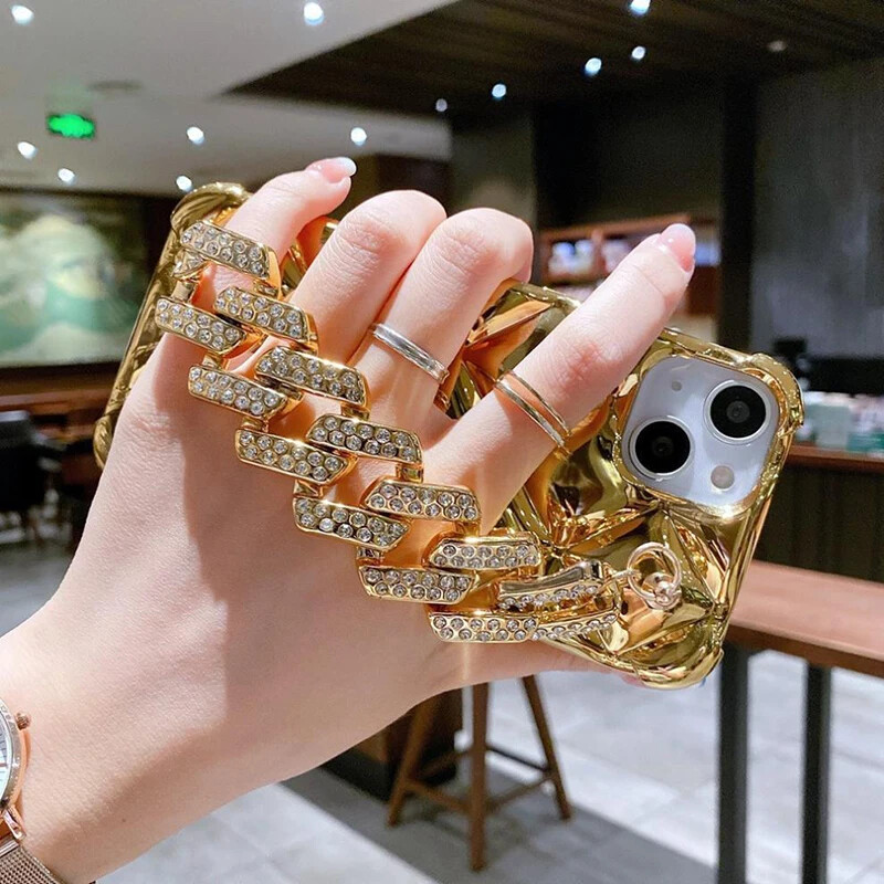 Svjetlucave telefonske maske sa zlatnim remenom za Iphone 16 Pro Max15 14 13 11 Xr X Xs Mekane maske otporne na udarce Zaštita za fotoaparat Coques