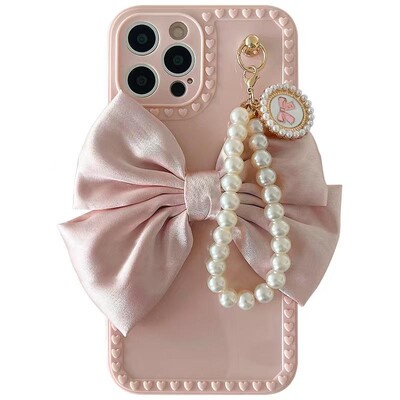Сладък луксозен моден 3d Bow Pearl Bracelet Girl Мек калъф за Iphone 15 14 11 12 13 Pro MaxXr X Xs 7 8 Se Anti-drop Cover Fundas