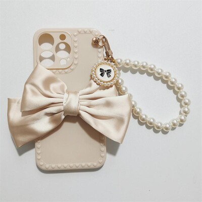 Сладък луксозен моден 3d Bow Pearl Bracelet Girl Мек калъф за Iphone 15 14 11 12 13 Pro MaxXr X Xs 7 8 Se Anti-drop Cover Fundas