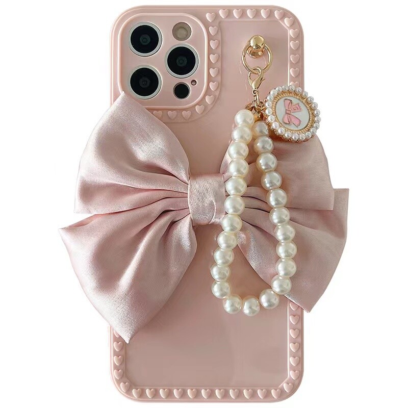 Сладък луксозен моден 3d Bow Pearl Bracelet Girl Мек калъф за Iphone 15 14 11 12 13 Pro MaxXr X Xs 7 8 Se Anti-drop Cover Fundas