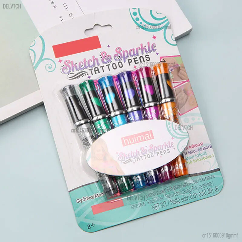 DELVTCH Set boja od 6 komada, periva svjetlucava olovka s gelom za tetoviranje, tintna olovka 1,0 mm, vrh za umjetnost, crtanje grafita, slika, DIY Poklon za ukrašavanje kože