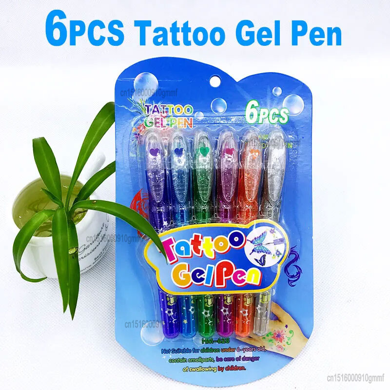 DELVTCH Set boja od 6 komada, periva svjetlucava olovka s gelom za tetoviranje, tintna olovka 1,0 mm, vrh za umjetnost, crtanje grafita, slika, DIY Poklon za ukrašavanje kože