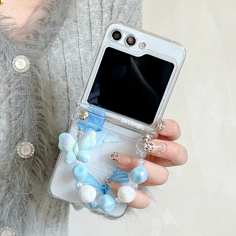 Ins Cute Butterfly Case za Samsung Z Flip 6 Prozirna akrilna maska sa šarkama za Galaxy Z Flip 3 4 5 6 Navlaka s lancem za narukvicu