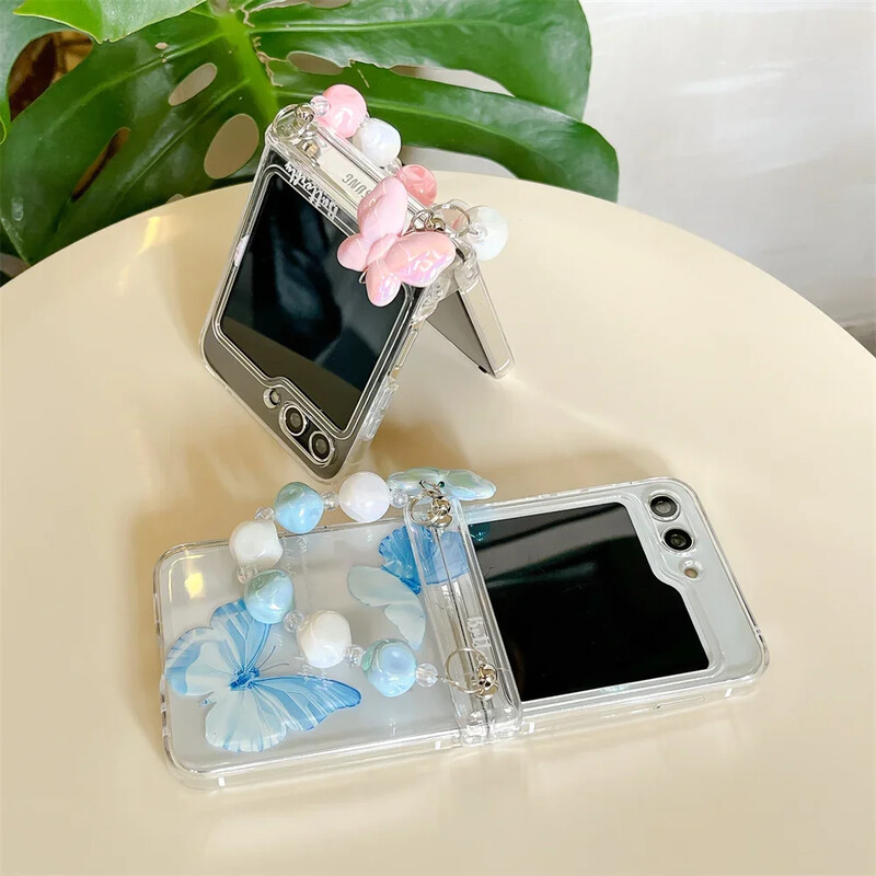 Ins Cute Butterfly Case za Samsung Z Flip 6 Prozirna akrilna maska sa šarkama za Galaxy Z Flip 3 4 5 6 Navlaka s lancem za narukvicu