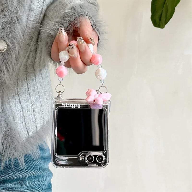 Ins Cute Butterfly Case za Samsung Z Flip 6 Prozirna akrilna maska sa šarkama za Galaxy Z Flip 3 4 5 6 Navlaka s lancem za narukvicu