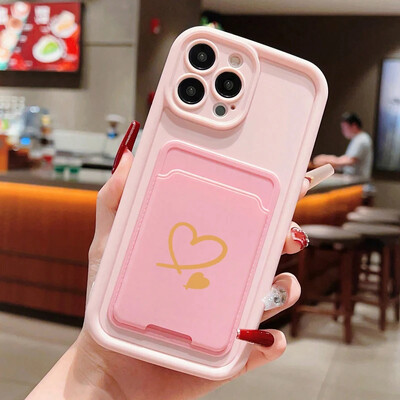 Luxuly Love Heart Insert Card Bag Silikoninis minkštas telefono dėklas, skirtas iPhone 16 15 14 13 12 11 Pro Max XR XS X 7 8 Plus SE 2020 dangtelis