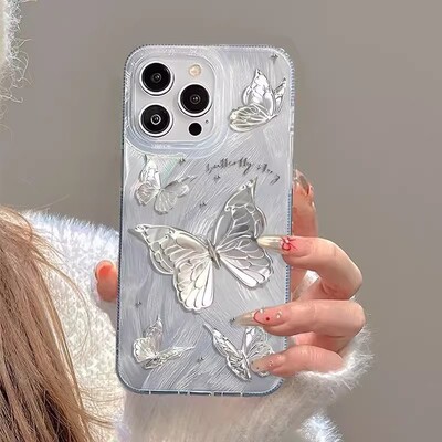 Калъф за iPhone 14 13 15 16 Pro Max Луксозен калъф за телефон Laser Silver Butterfly за iPhone 11 12 Pro Max XS XR 7 8 14 15 Plus