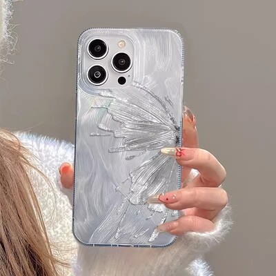 Калъф за iPhone 14 13 15 16 Pro Max Луксозен калъф за телефон Laser Silver Butterfly за iPhone 11 12 Pro Max XS XR 7 8 14 15 Plus