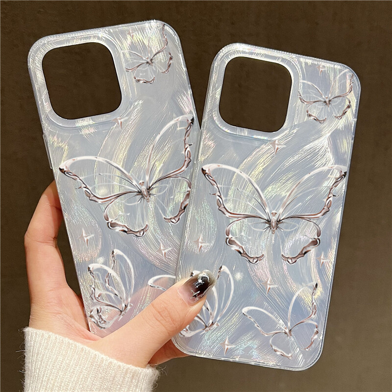 Калъф за iPhone 14 13 15 16 Pro Max Луксозен калъф за телефон Laser Silver Butterfly за iPhone 11 12 Pro Max XS XR 7 8 14 15 Plus