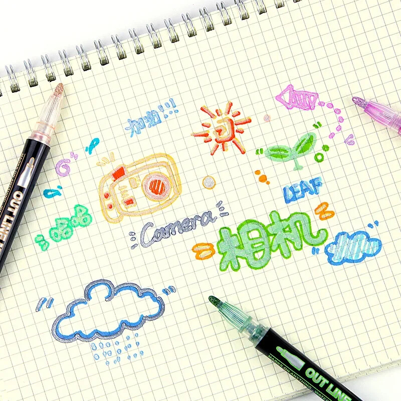 8/12/24 Цвят Двойна линия Химикалки Очертаване Химикалки Маркер Химикалки Направи си сам Албум Скрапбукинг Рисуване Картина Драскане Маркери