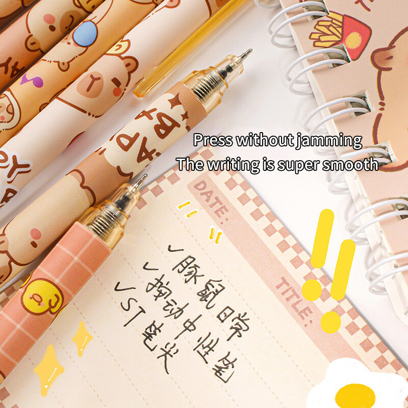 Set de 6 pixuri cu gel Kawaii Capybara, cerneală neagră, albastră, cu uscare rapidă, pixuri drăguțe cu gel pentru presa, papetărie estetică, rechizite de birou pentru școală
