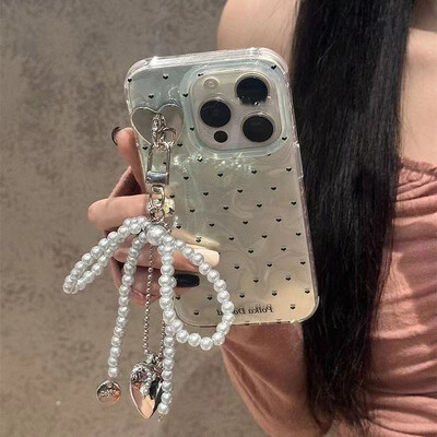 Модерен калъф с лък с любовно сърце за iPhone 15 13 16 Pro 12 14 11 Pro Max 8 7 Plus SE 2020 XS Max XS X висулка Капак за телефон с перлени мъниста