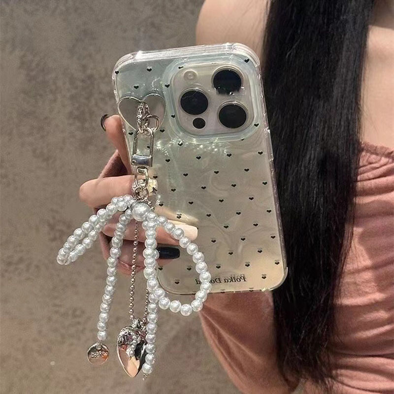 Модерен калъф с лък с любовно сърце за iPhone 15 13 16 Pro 12 14 11 Pro Max 8 7 Plus SE 2020 XS Max XS X висулка Капак за телефон с перлени мъниста