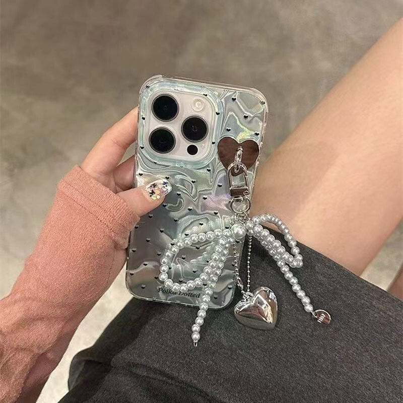 Модерен калъф с лък с любовно сърце за iPhone 15 13 16 Pro 12 14 11 Pro Max 8 7 Plus SE 2020 XS Max XS X висулка Капак за телефон с перлени мъниста