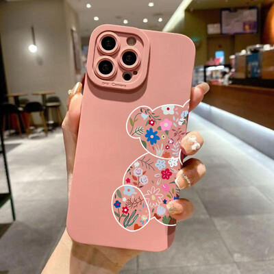 Калъф за телефон с рисунка на флорална мечка за iPhone 16 15 14 Pro Max 13 12 11 XS X XR 7 8 Plus SE 2022 SE3 Удароустойчив мек силиконов капак