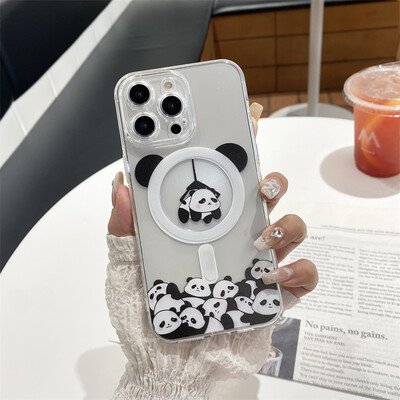 Korėjietiškas mielas Panda magnetinis stovas su rankena Tok Cartoon Panda Magsafe telefono dėklas, skirtas iPhone 15 13 12 11 Promax 14 Plus galinis dangtelis